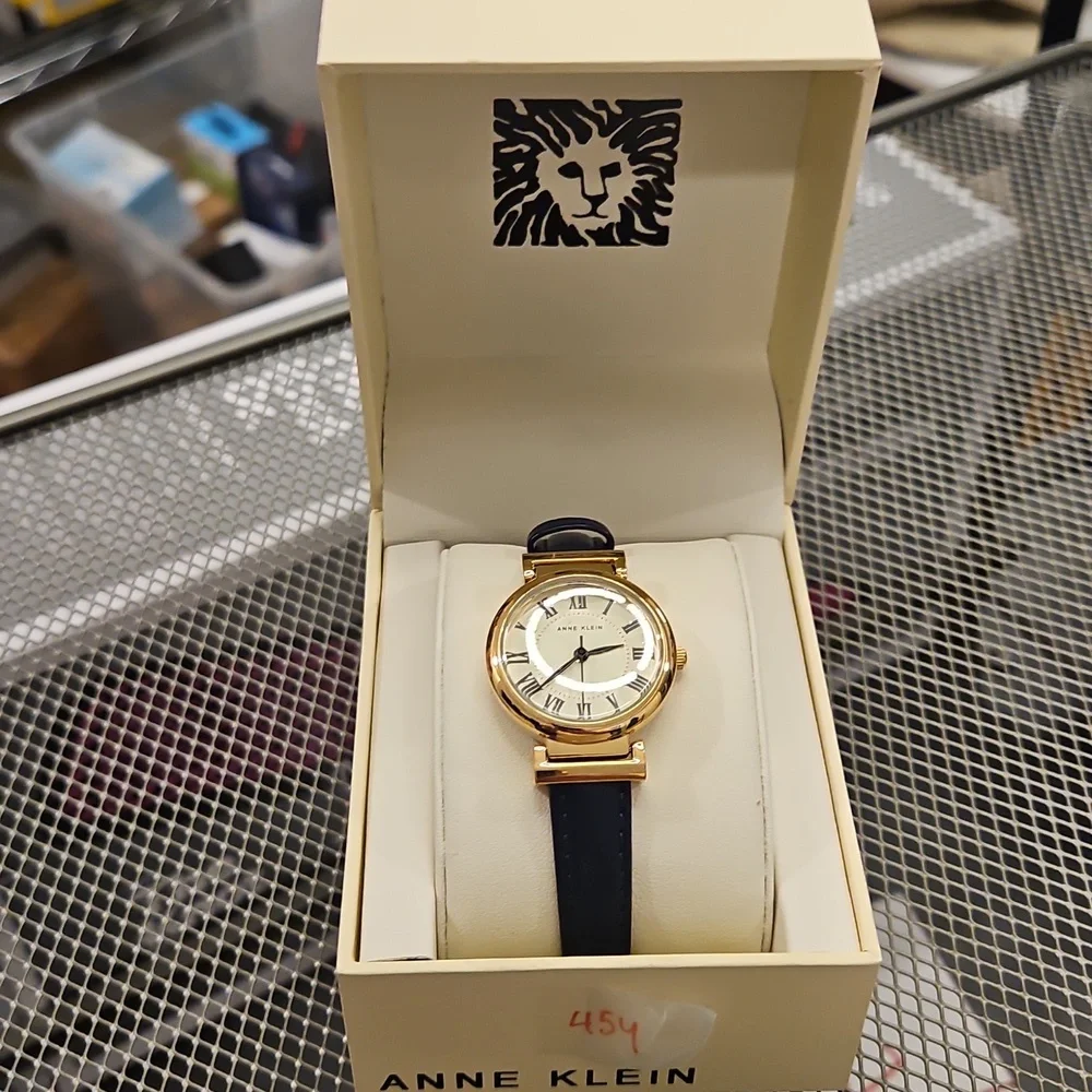 Anne Klein Gold Case Watch – Navy Leather Strap – NWT – Classic Minimalist